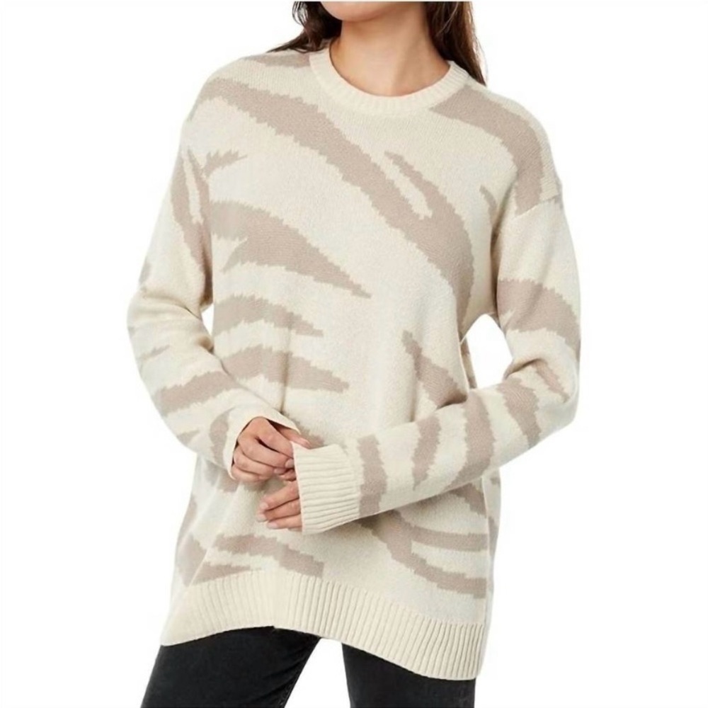 Splendid Lana Zebra Sweater Long Sleeve Crewneck in Cream Cashmere Blend Size M